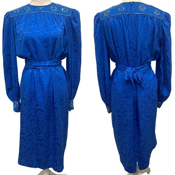 Vintage 80s Miss Jackson’s Blue Silk Jacquard Beaded Sequin Art Deco Retro Dress - Picture 1 of 10